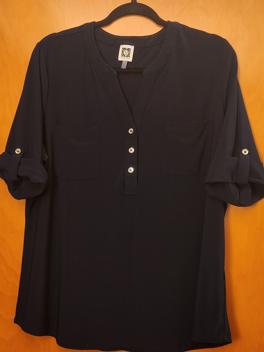 Anne Klein Navy Roll-Tab V-Neck Blouse